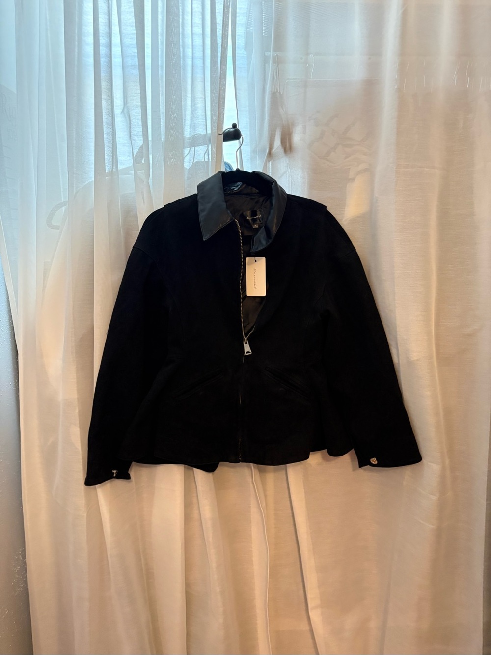 Black Women's Zip-Front Jacket with Leather Collar
